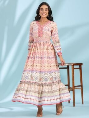 Juniper Geometric Printed Tiered Maxi Dress With Mirror Work Size XL